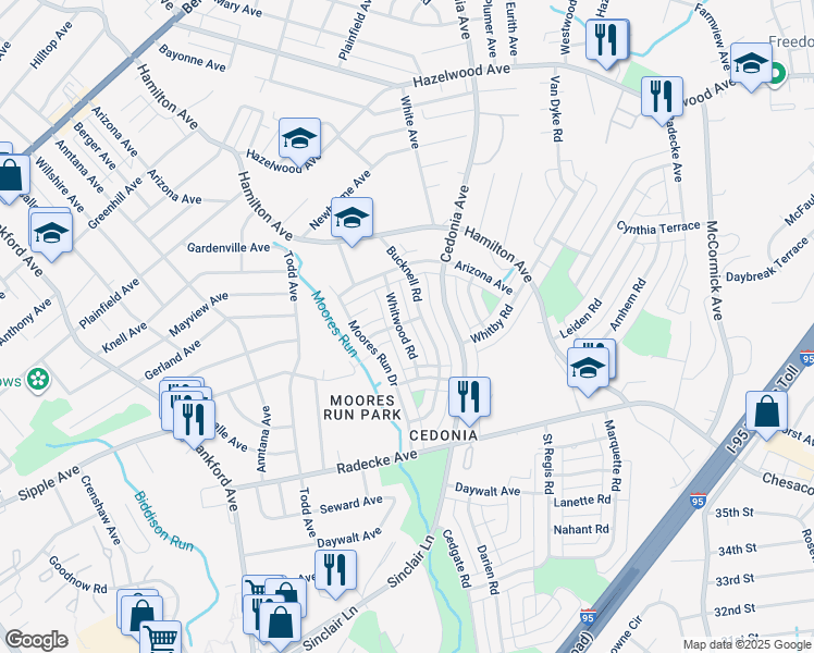 map of restaurants, bars, coffee shops, grocery stores, and more near 5471 Whitwood Road in Baltimore