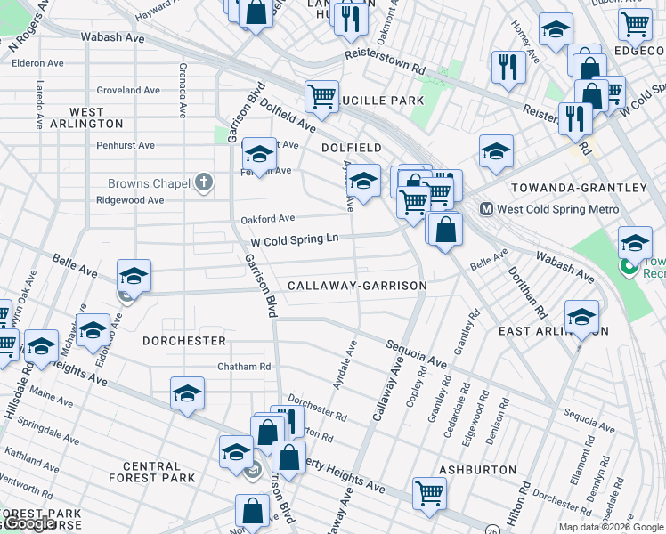 map of restaurants, bars, coffee shops, grocery stores, and more near 3827 Boarman Avenue in Baltimore
