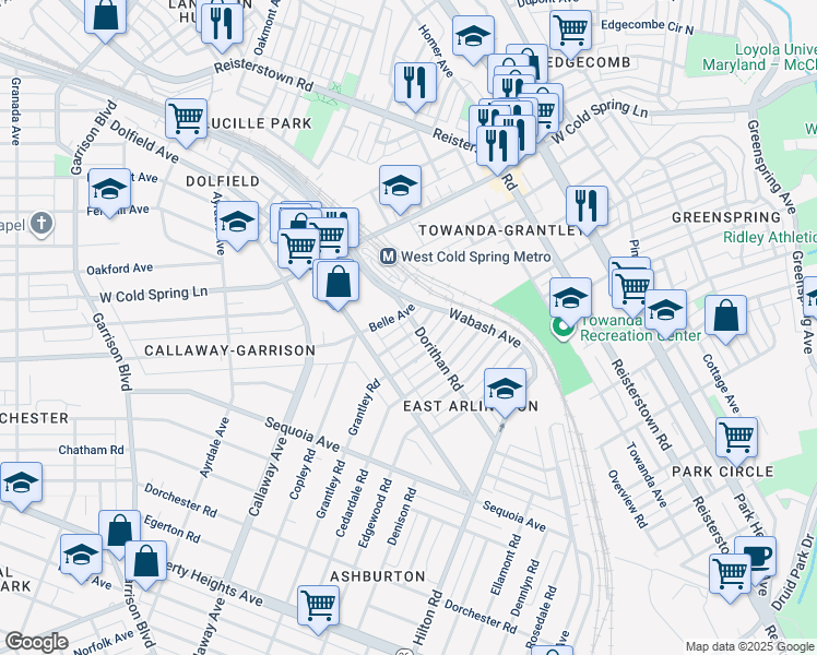 map of restaurants, bars, coffee shops, grocery stores, and more near 3928 Bareva Road in Baltimore