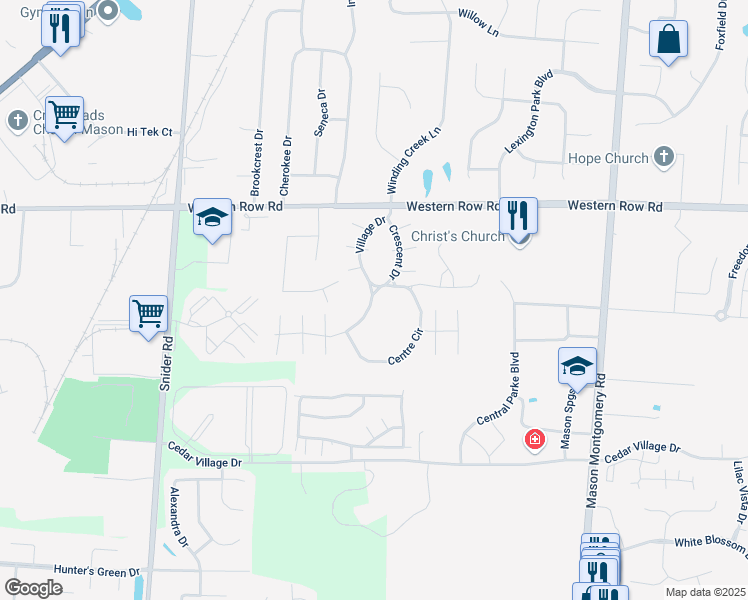 map of restaurants, bars, coffee shops, grocery stores, and more near 411 Western Row Road in Mason