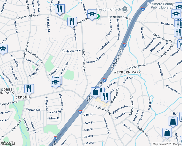map of restaurants, bars, coffee shops, grocery stores, and more near 8153 Bartholomew Court in Baltimore