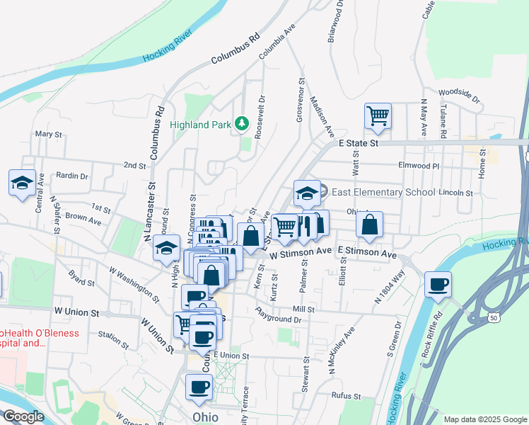 map of restaurants, bars, coffee shops, grocery stores, and more near 74 Grosvenor Street in Athens