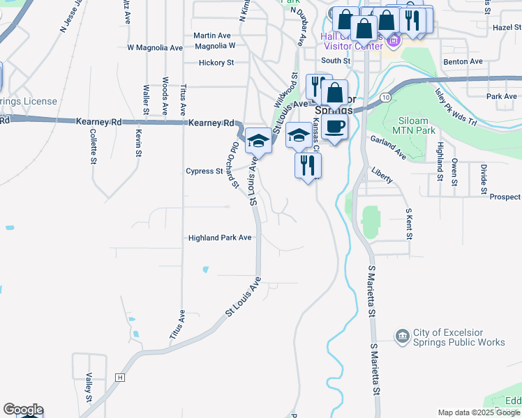 map of restaurants, bars, coffee shops, grocery stores, and more near 811 Saint Louis Avenue in Excelsior Springs