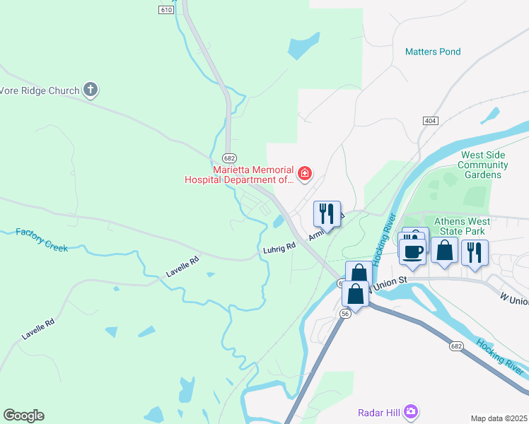 map of restaurants, bars, coffee shops, grocery stores, and more near 9309 Ohio 682 in Athens