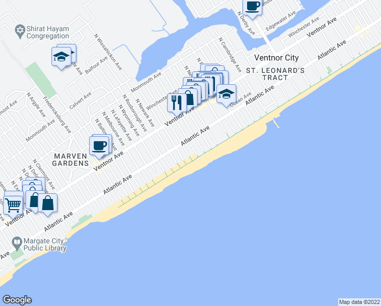 map of restaurants, bars, coffee shops, grocery stores, and more near 110 South Troy Avenue in Ventnor City