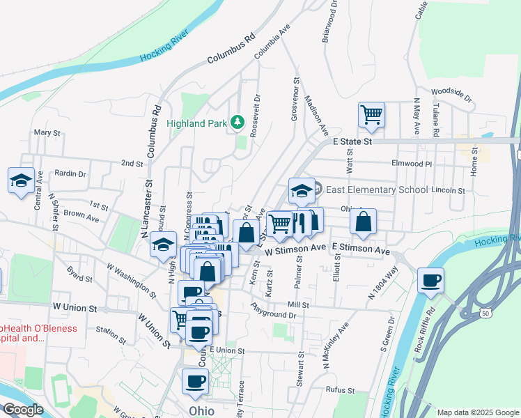 map of restaurants, bars, coffee shops, grocery stores, and more near 74 Grosvenor Street in Athens