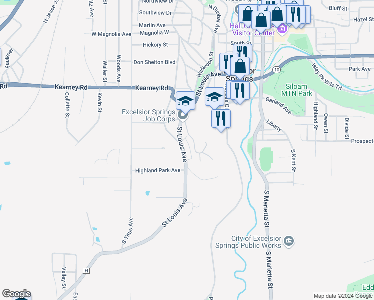 map of restaurants, bars, coffee shops, grocery stores, and more near 811 Saint Louis Avenue in Excelsior Springs