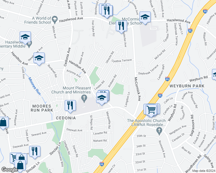 map of restaurants, bars, coffee shops, grocery stores, and more near 5672 Arnhem Road in Baltimore