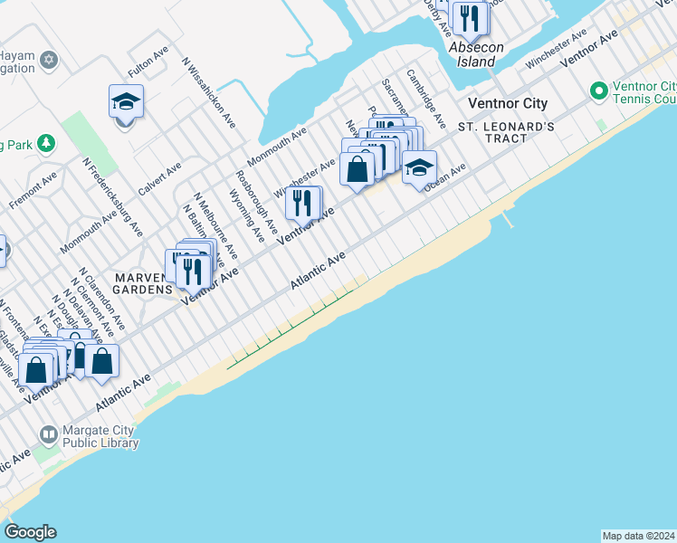 map of restaurants, bars, coffee shops, grocery stores, and more near 105 South Wissahickon Avenue in Ventnor City