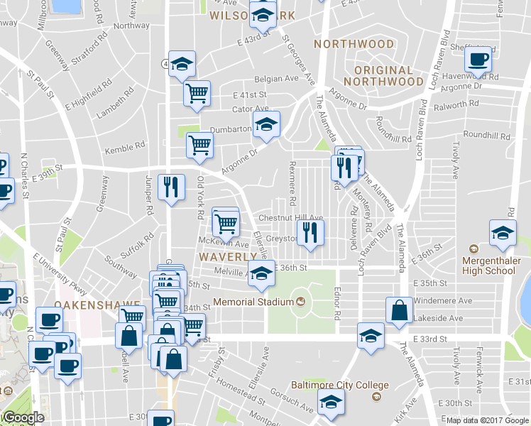map of restaurants, bars, coffee shops, grocery stores, and more near 916 Chestnut Hill Avenue in Baltimore