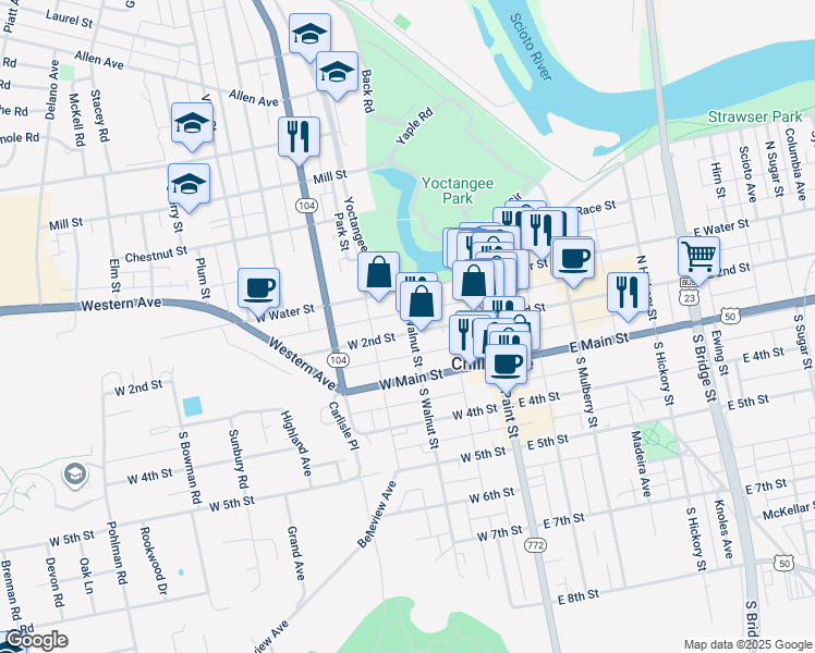 map of restaurants, bars, coffee shops, grocery stores, and more near 68 North Walnut Street in Chillicothe