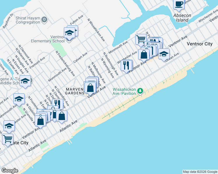 map of restaurants, bars, coffee shops, grocery stores, and more near 7107 Ventnor Avenue in Ventnor City