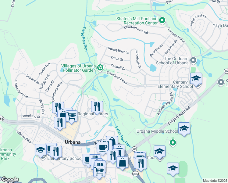 map of restaurants, bars, coffee shops, grocery stores, and more near 3637 Denison Street in Frederick