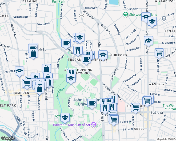 map of restaurants, bars, coffee shops, grocery stores, and more near West University Parkway & Canterbury Road in Baltimore