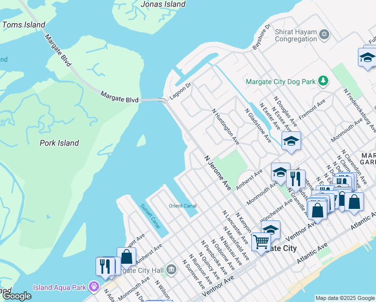 map of restaurants, bars, coffee shops, grocery stores, and more near 8501 Wellington Avenue in Margate City