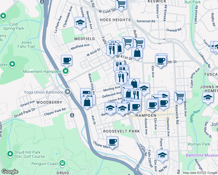map of restaurants, bars, coffee shops, grocery stores, and more near 1300 Morling Avenue in Baltimore