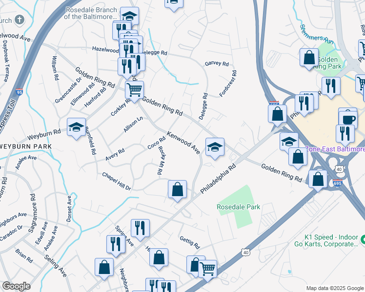 map of restaurants, bars, coffee shops, grocery stores, and more near 6617 Kenwood Avenue in Rosedale