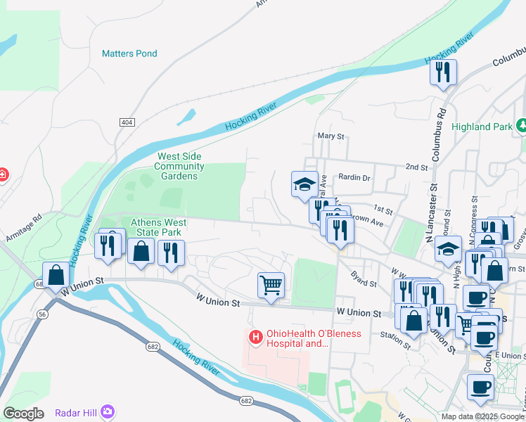 map of restaurants, bars, coffee shops, grocery stores, and more near 330 West State Street in Athens