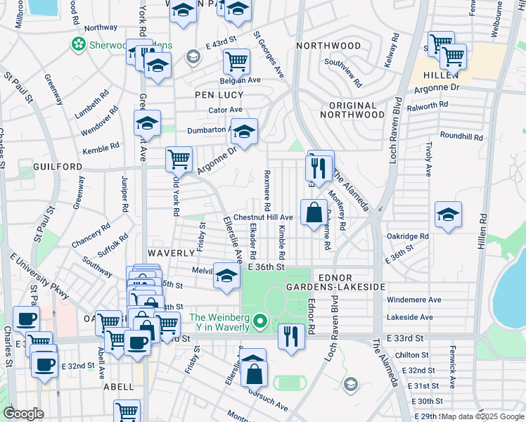 map of restaurants, bars, coffee shops, grocery stores, and more near 3806 Rexmere Road in Baltimore