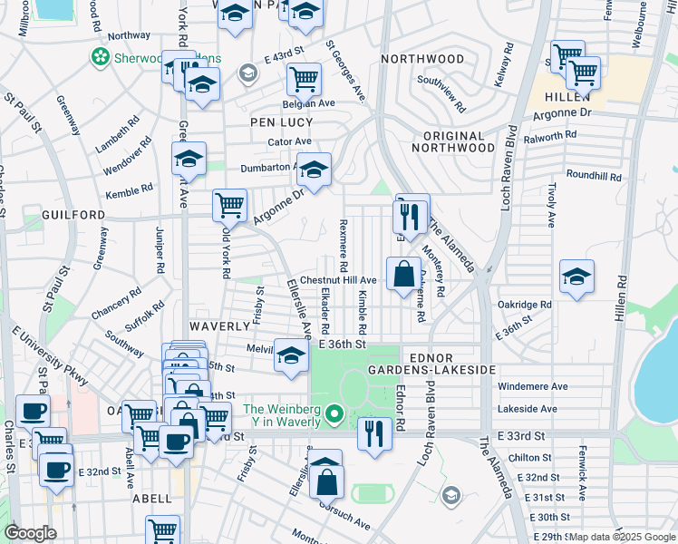 map of restaurants, bars, coffee shops, grocery stores, and more near 3806 Rexmere Road in Baltimore