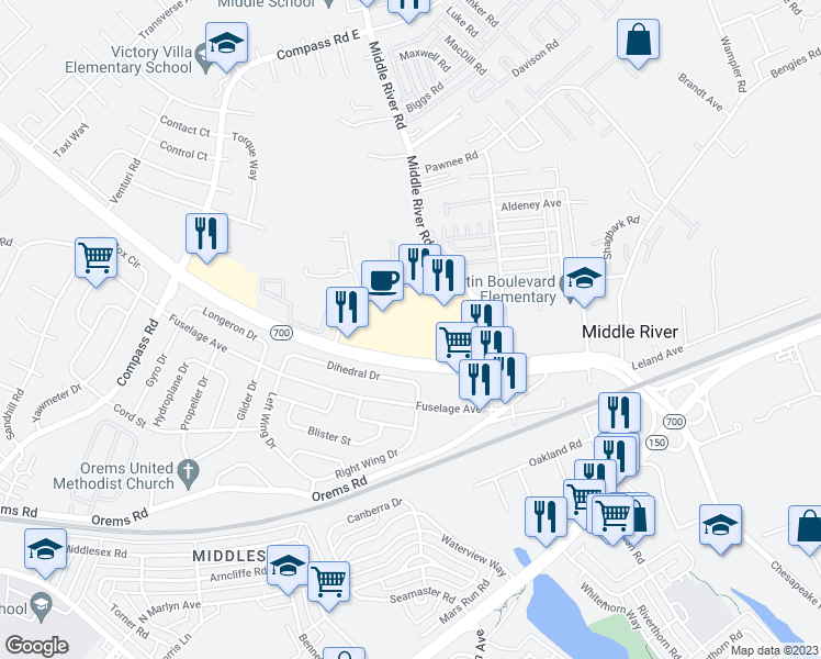 map of restaurants, bars, coffee shops, grocery stores, and more near 1408 Martin Boulevard in Middle River