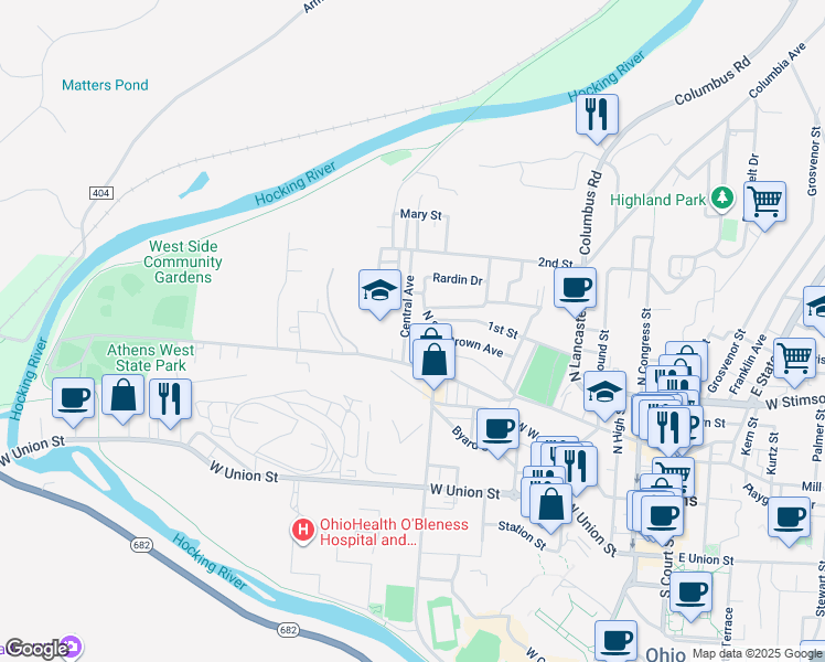 map of restaurants, bars, coffee shops, grocery stores, and more near 28 Central Avenue in Athens