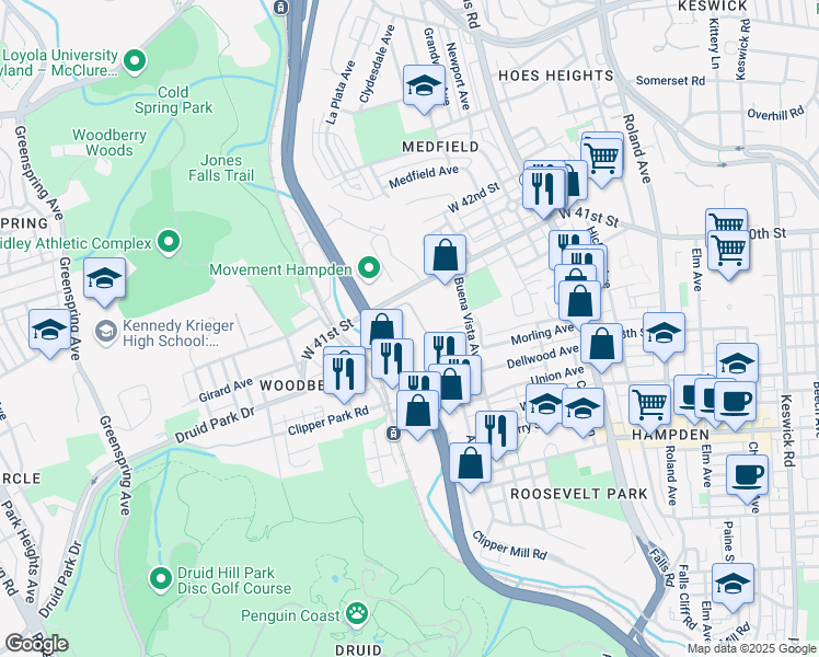 map of restaurants, bars, coffee shops, grocery stores, and more near 1650 Union Avenue in Baltimore