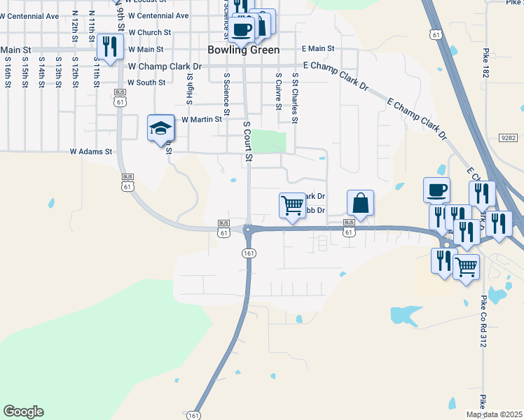 map of restaurants, bars, coffee shops, grocery stores, and more near 19 Bibb Drive in Bowling Green