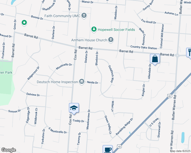 map of restaurants, bars, coffee shops, grocery stores, and more near 7909 Hummingbird Lane in Butler County