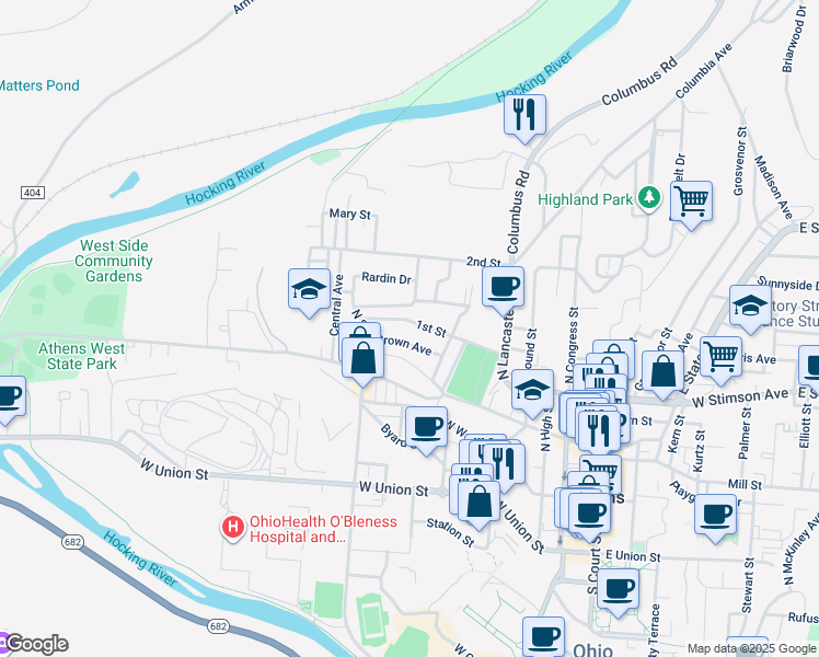 map of restaurants, bars, coffee shops, grocery stores, and more near 28 1st Street in Athens