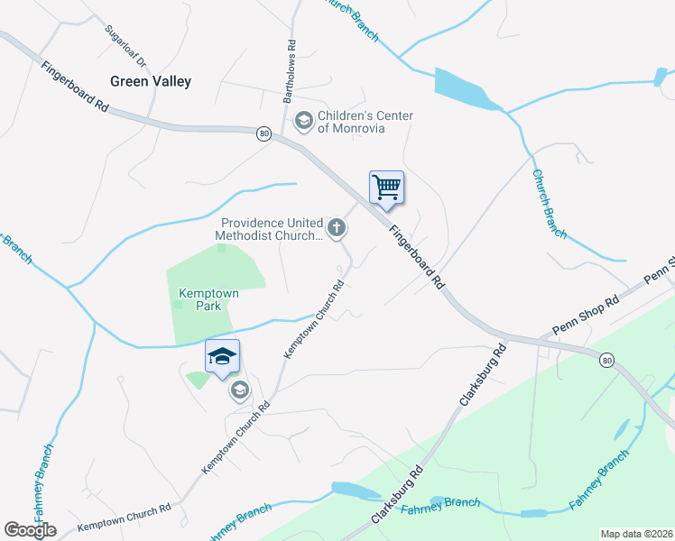 map of restaurants, bars, coffee shops, grocery stores, and more near 3624 Kemptown Church Road in Monrovia