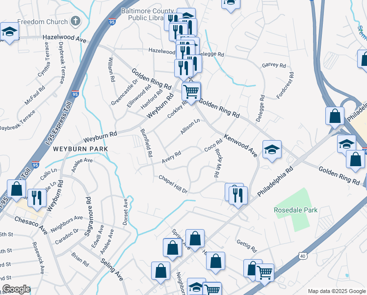map of restaurants, bars, coffee shops, grocery stores, and more near 8424 Avery Road in Rosedale