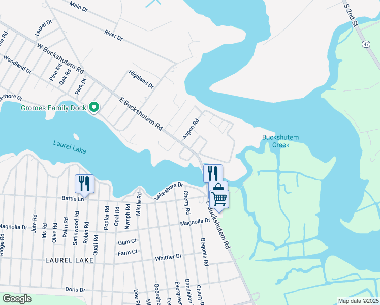 map of restaurants, bars, coffee shops, grocery stores, and more near 1201 East Buckshutem Road in Millville