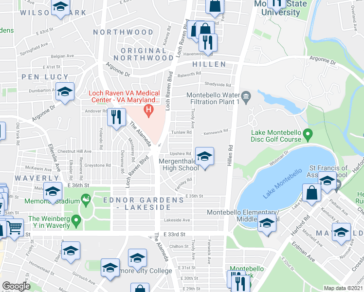 map of restaurants, bars, coffee shops, grocery stores, and more near 1529 Kennewick Road in Baltimore