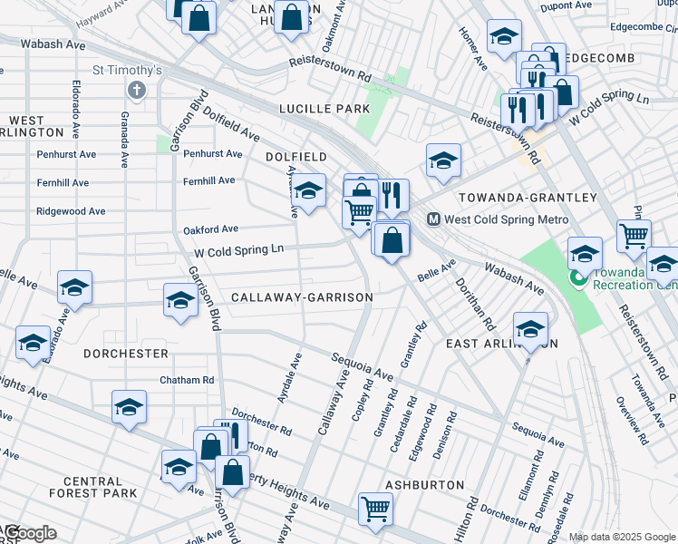 map of restaurants, bars, coffee shops, grocery stores, and more near 3713 Boarman Avenue in Baltimore