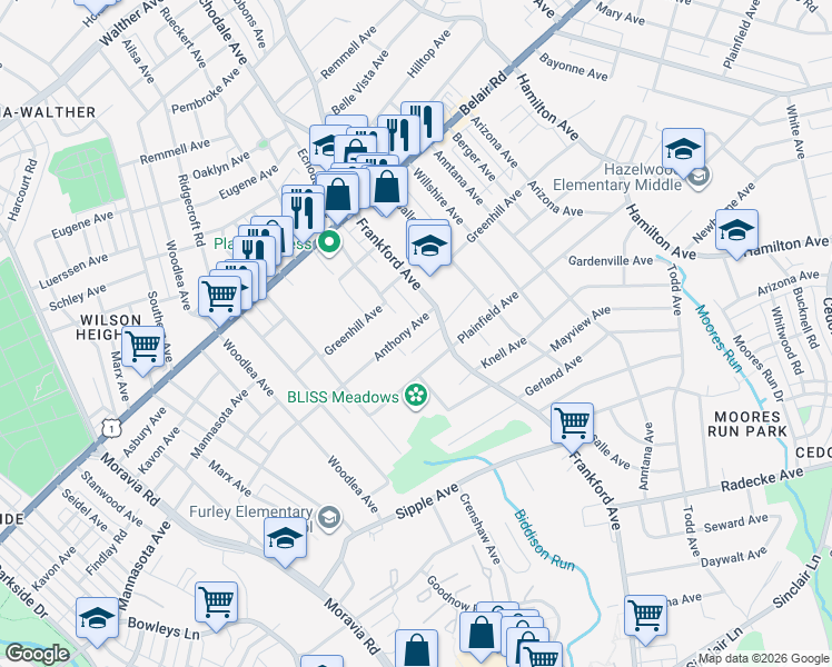 map of restaurants, bars, coffee shops, grocery stores, and more near 5211 Anthony Avenue in Baltimore
