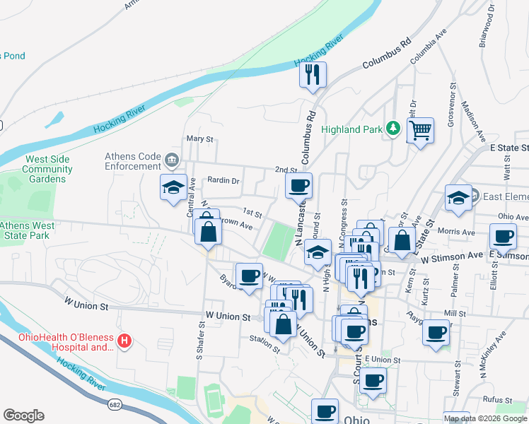 map of restaurants, bars, coffee shops, grocery stores, and more near 39 Walker in Athens