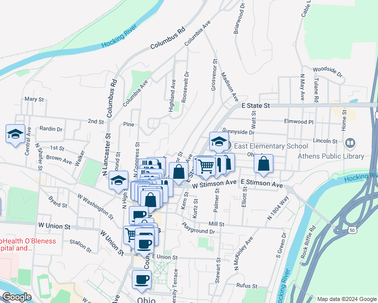 map of restaurants, bars, coffee shops, grocery stores, and more near 74 Grosvenor Street in Athens