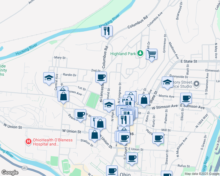 map of restaurants, bars, coffee shops, grocery stores, and more near 45 Mound Street in Athens
