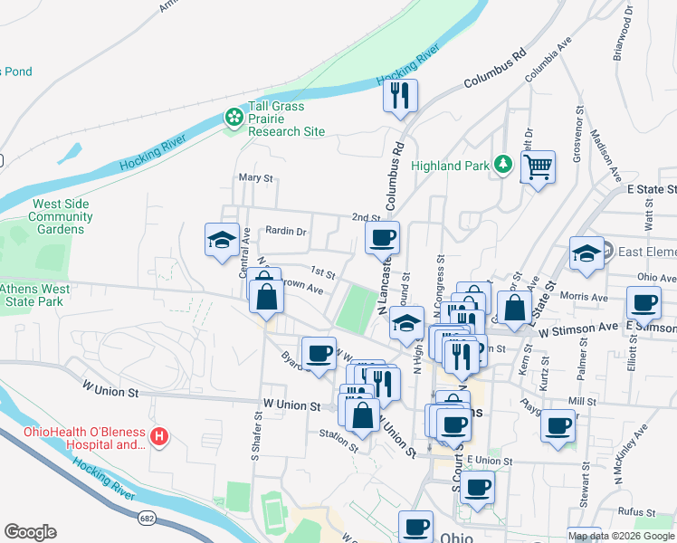 map of restaurants, bars, coffee shops, grocery stores, and more near 39 Walker in Athens