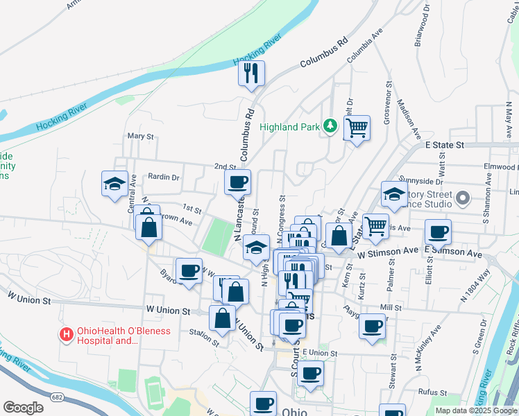 map of restaurants, bars, coffee shops, grocery stores, and more near 45 Mound Street in Athens