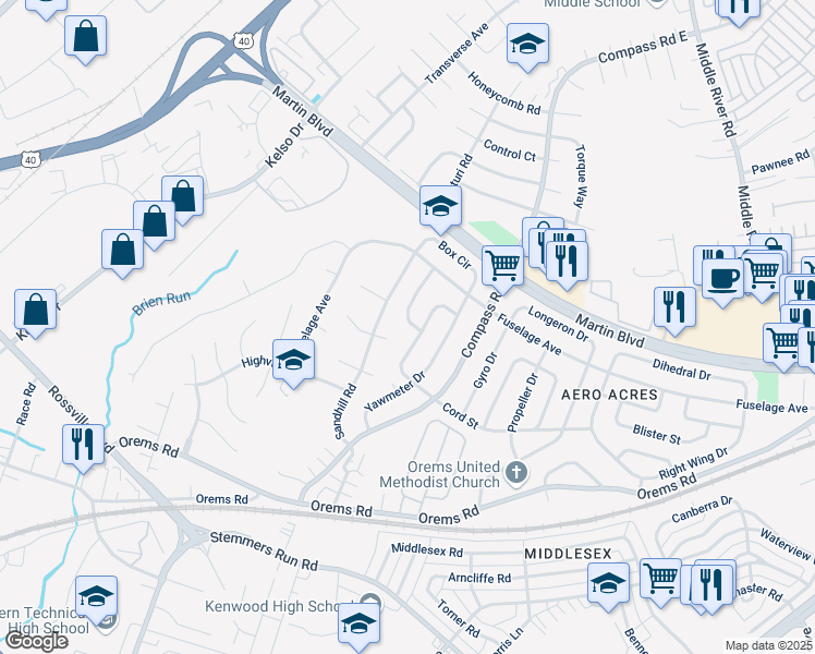 map of restaurants, bars, coffee shops, grocery stores, and more near 28 Right Elevator Drive in Middle River