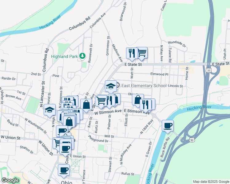 map of restaurants, bars, coffee shops, grocery stores, and more near 3 Wallace Drive in Athens