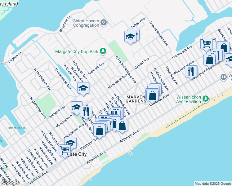 map of restaurants, bars, coffee shops, grocery stores, and more near 109 North Clarendon Avenue in Margate City