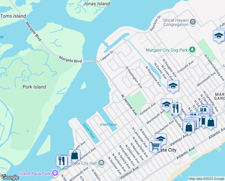 map of restaurants, bars, coffee shops, grocery stores, and more near 8501 Wellington Avenue in Margate City