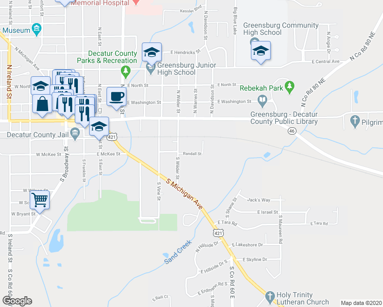map of restaurants, bars, coffee shops, grocery stores, and more near Randall Street in Greensburg
