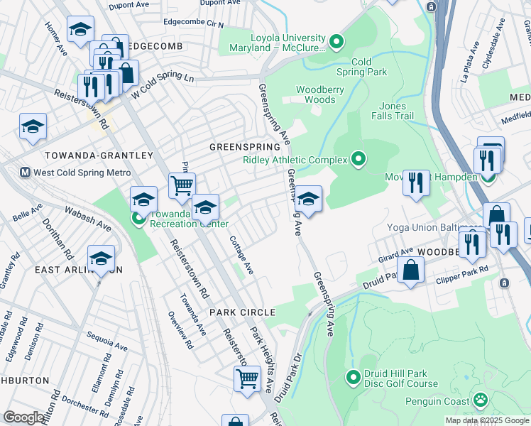 map of restaurants, bars, coffee shops, grocery stores, and more near 3828 Derby Manor Drive in Baltimore