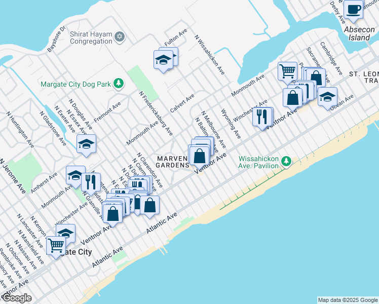 map of restaurants, bars, coffee shops, grocery stores, and more near 33 North Martindale Avenue in Ventnor City