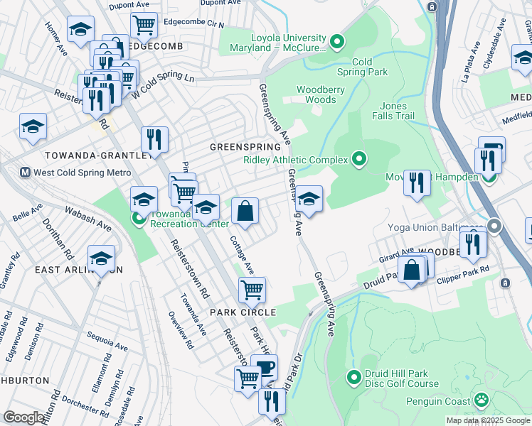 map of restaurants, bars, coffee shops, grocery stores, and more near 3828 Derby Manor Drive in Baltimore