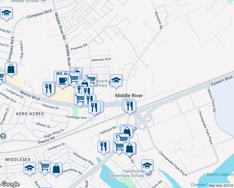 map of restaurants, bars, coffee shops, grocery stores, and more near 211 Riverton Road in Middle River